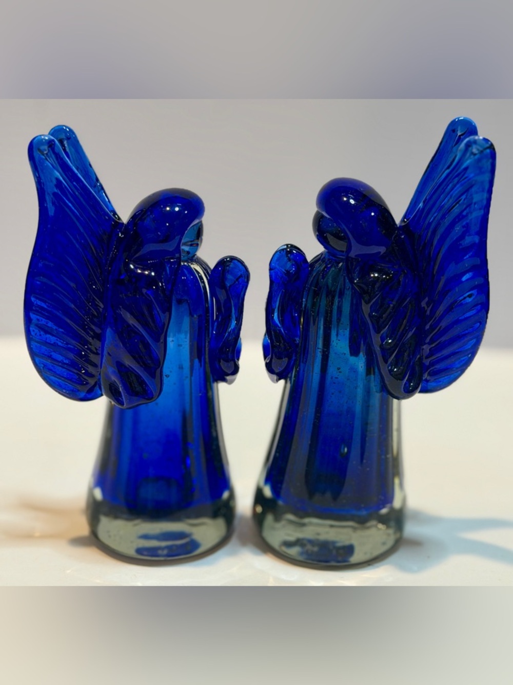 Vintage Cobalt Blue Art Glass Angel Figurines Set of 2 Hand Blown Decor